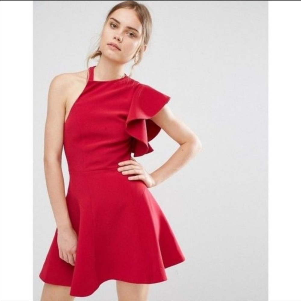 NWOT C/Meo Collective Red Ruffle Fit and Flare Dress